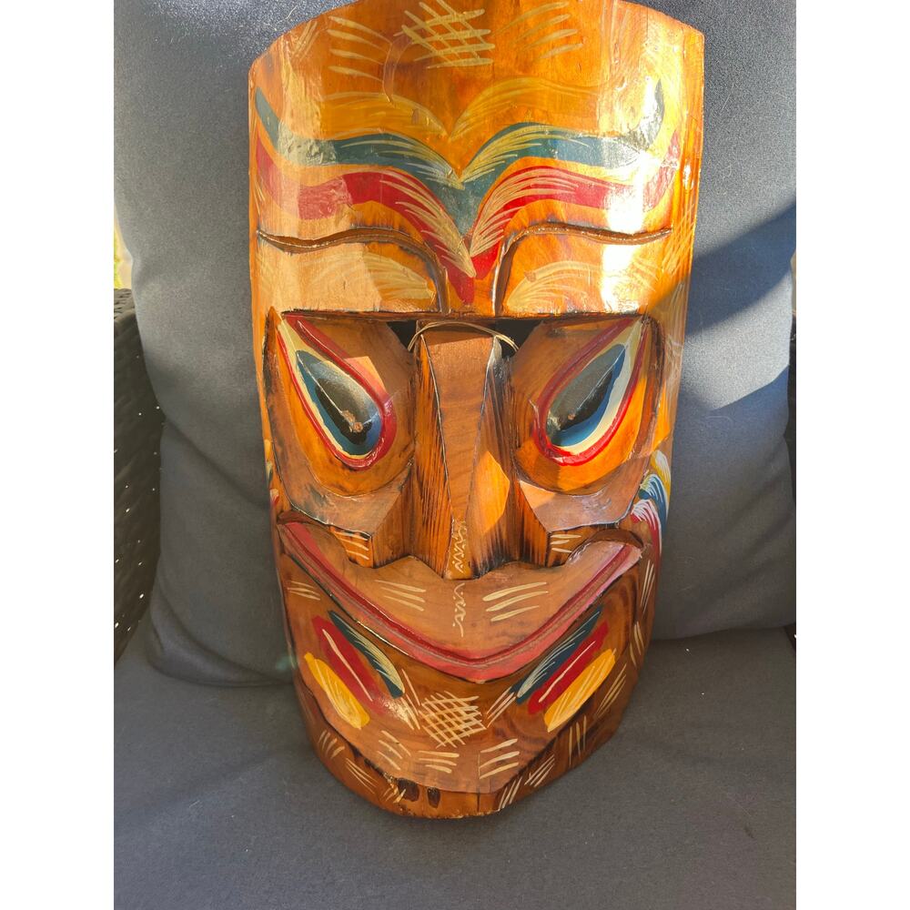 Large Painted Wood Hand Carved Tiki Mask, Wall Decor